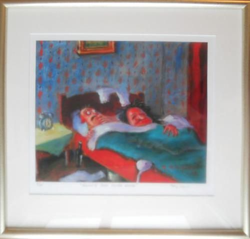 Reijo Kivijärvi "Alkoholilla lienee osuutta asiassa"-grafiikka 41x46cm 220€ n013